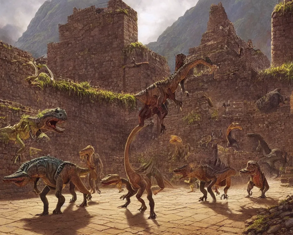 Prompt: dinosaurs walking through a mythical ancient Incan city by James Gurney and Hopper.