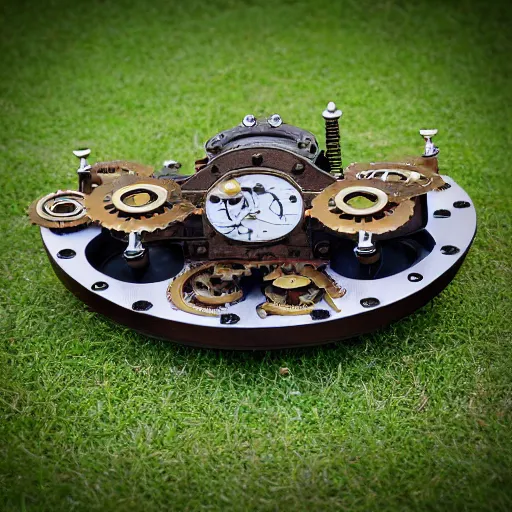 Image similar to steampunk clockwork flying hovercraft 35mm 8k product photo