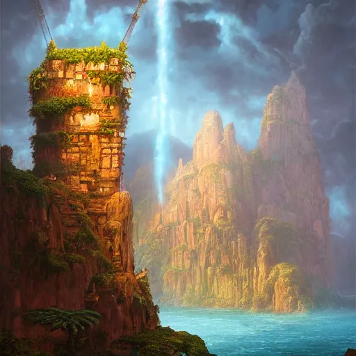 Image similar to A beautiful hyper realistic detailled matte painting of the dungeon of the gods with a magic water well of Rust energy, evening, barometric projection, by andreas rocha john howe, and Martin Johnson Heade, featured on artstation, featured on behance, ultrawide angle,f16