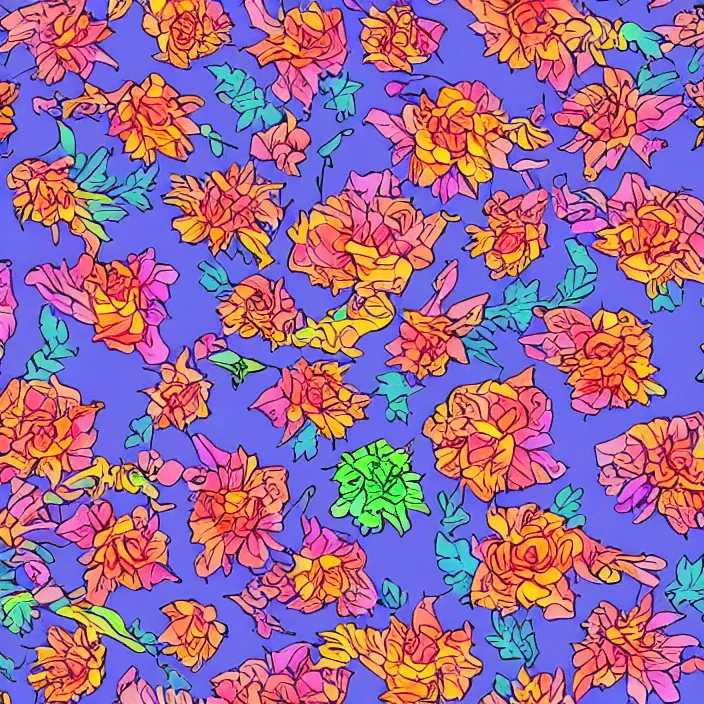 Prompt: tessellating hybrid organic flowers, by dr. seuss,