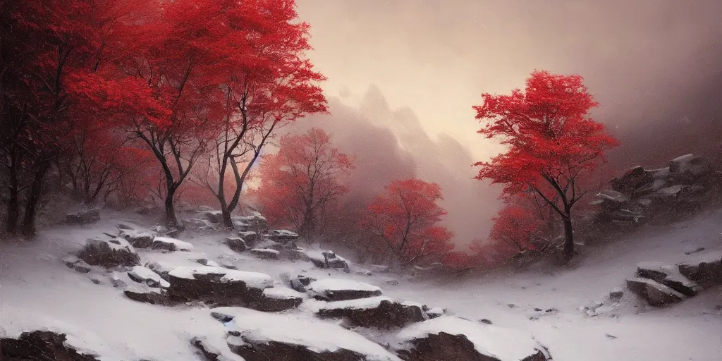 Image similar to A beautiful oil painting of a rocky valley covered in snow, trees with red leaves, thunderstorm in the sky, blue lighting, gloomy, atmospheric lighting, detailed, by greg rutkowski, trending on artstation