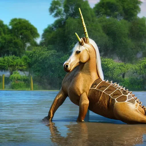 Prompt: a digital painting of a unicorn writing an alligator like a man rides a horse, studio cgi, unreal engine 5