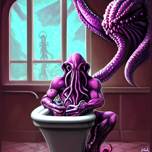 Prompt: humanoid cthulhu is in a pink and girly bathroom, he is sitting on a toilet, he is reading a newspaper. The mood is friendly and welcoming. dungeons and dragons style, highly detailed, digital painting, artstation, concept art, sharp focus, illustration, art by Josh kirby and John romita jr and moebius