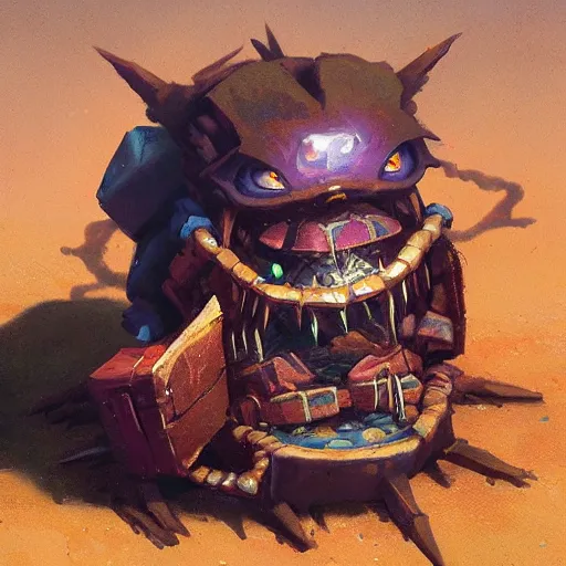 Prompt: Backpack mimic eating gemstones on a treasure pile, oil painting by Greg Rutkowski