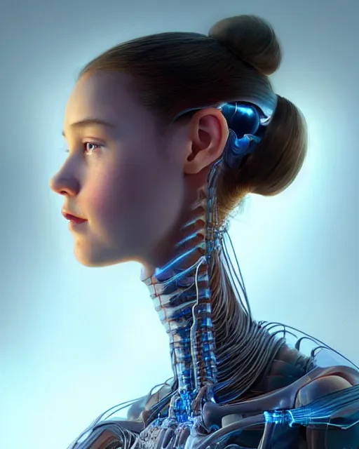 Prompt: weta disney pixar movie still head and torso portrait photo of young millie alicia bobby vikander brown with a white ponytail as thoughtful intricate detailed mechanical translucent cyborg girl opening up her chest by pixar, by weta, wlop, ilya kuvshinov, rossdraws, artgerm, latex, iridescent, bright morning, anime, liosh, mucha