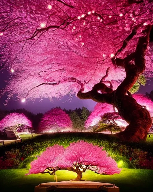 Prompt: highly detailed, stunning image of a heavenly miniuature diorama pink giants cherry blossom trees, stunning tree, ethereal, fairy lights, fireflies lightning glowing everywhere, divine bonsai, matte painting by Jordan Grimmer and Bosch