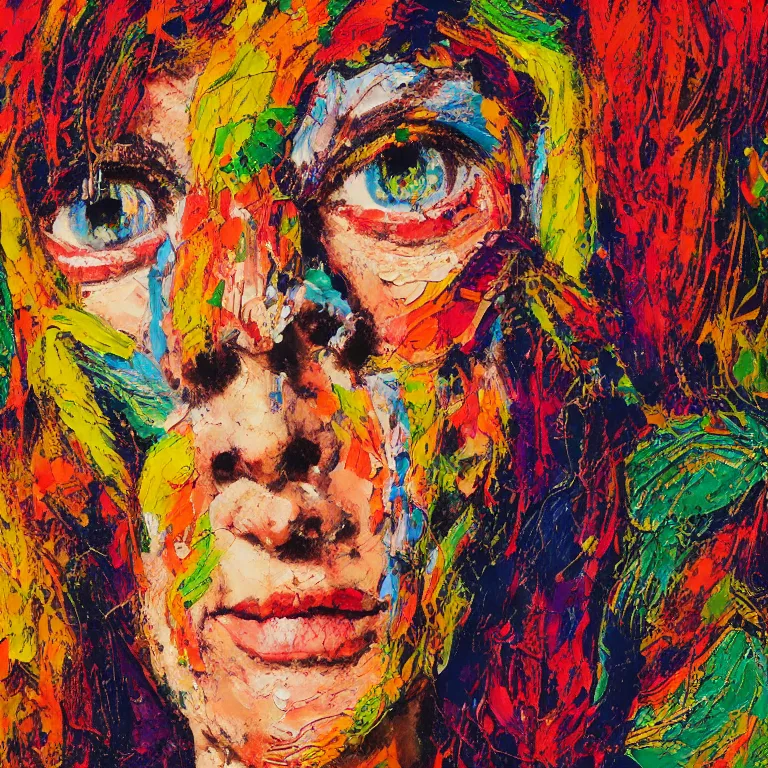 Image similar to close up studio portrait of lovely hippy chick symmetrical face with her hair in a patterned bandana in 1972, impasto heavy brushstrokes oil painting by Norman Rockwell and Tim Hawkinson and Cy Twombly, Intense colors trending on artstation dramatic lighting Expressionism