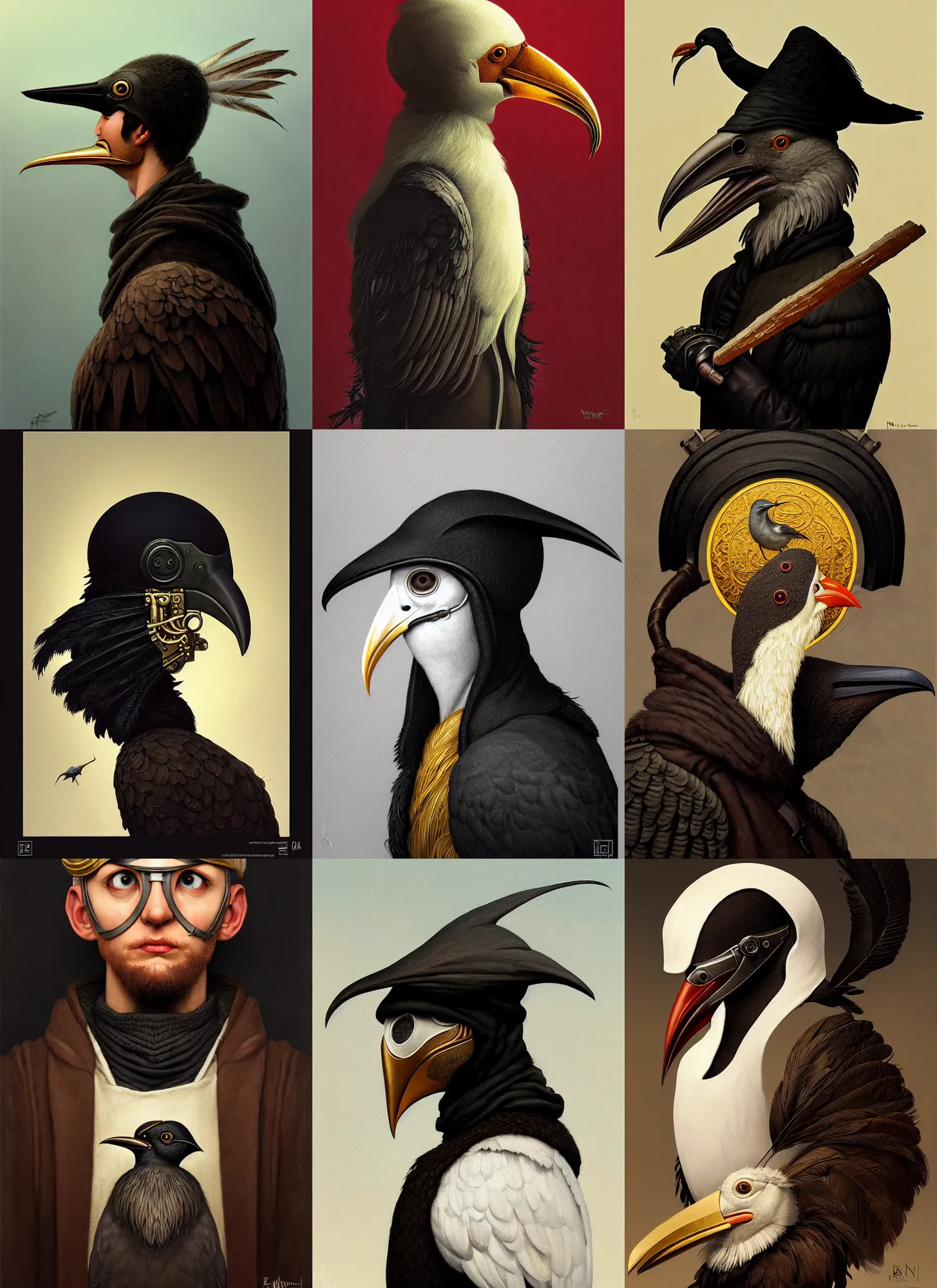 Image similar to rpg! profile! portrait of humanoid bird on white background, beak, feathers, plague doctor, intricate, highly detailed, digital painting, artstation, concept art, smooth, sharp focus, illustration, art by norman rockwell emiliano ponzi andrey remnev yoann lossel aaron jasinski, 8 k