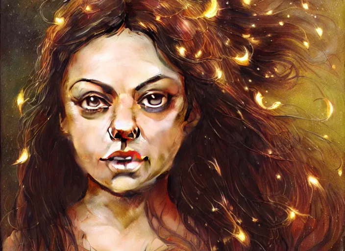 Image similar to big-eyed surprised Mila Kunis staring intensely into the camera, sundown golden hour firefly wisps, Lilia Alvarado, Sophie Anderson, Mark Arian, Bob Byerley, Charlie Bowater, Mark Brooks, Steve Henderson, Justin Gerard, Arthur Hughes, Edward Robert Hughes, Mark Keathley, Victor Nizovtsev, Carlos Shwabe, Ross Tran, WLOP