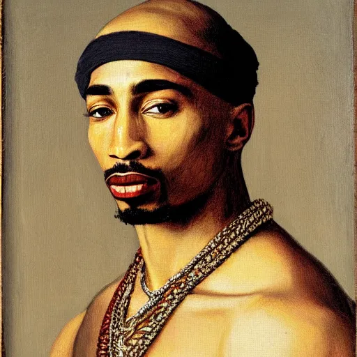 Prompt: a renaissance style portrait painting of tupac