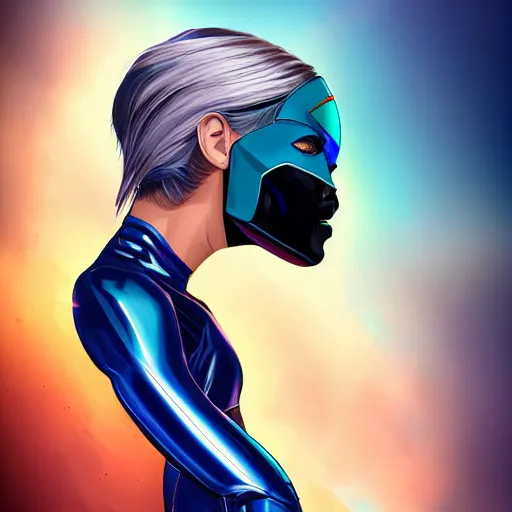 Image similar to a stunning upper body portrait of a beautiful young woman wearing futuristic navy blue and teal battle bodyarmor with ombre bleach blonde hairstyle blowing in the wind by marvel comics, digital art, trending on artstation