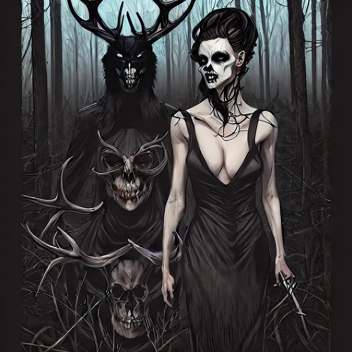 Prompt: style artgerm, joshua middleton, diego fazio, rafael albuquerque : : scary wendigo with antlers and skull face mixed with werewolf : : [ [ beautiful witch wearing a black dress, symmetrical face, on the right side ] ] : : in the forest, detailed, dark and foggy, cinematic lighting