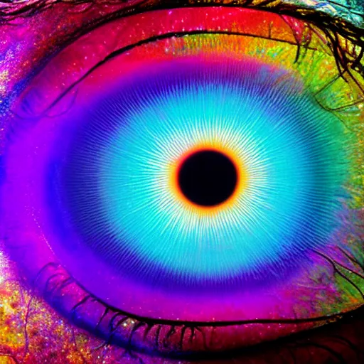 Prompt: the universe reflected in the eye of the universe experiencing itself, psychedelic colors
