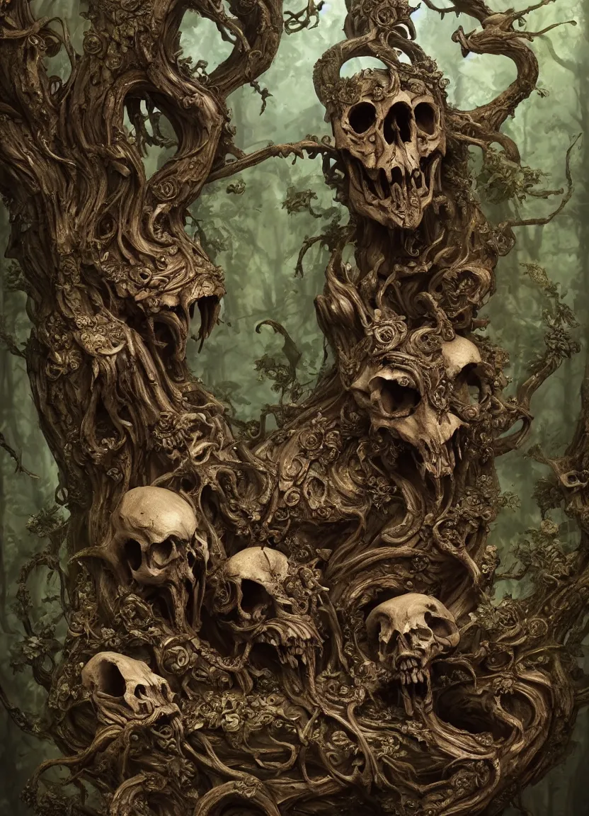 Image similar to ornate carved rat skull statue inside ancient forest, natural light, artwork by neil gaiman maria panfilova andrea savchenko mike kime ludovic plouffe qi shengluo oliver cook julian calle eddie mendoza, trending on artstation