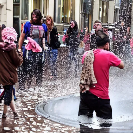 Prompt: people on street get sink on chocolate liquid rain, flooded with chocolate