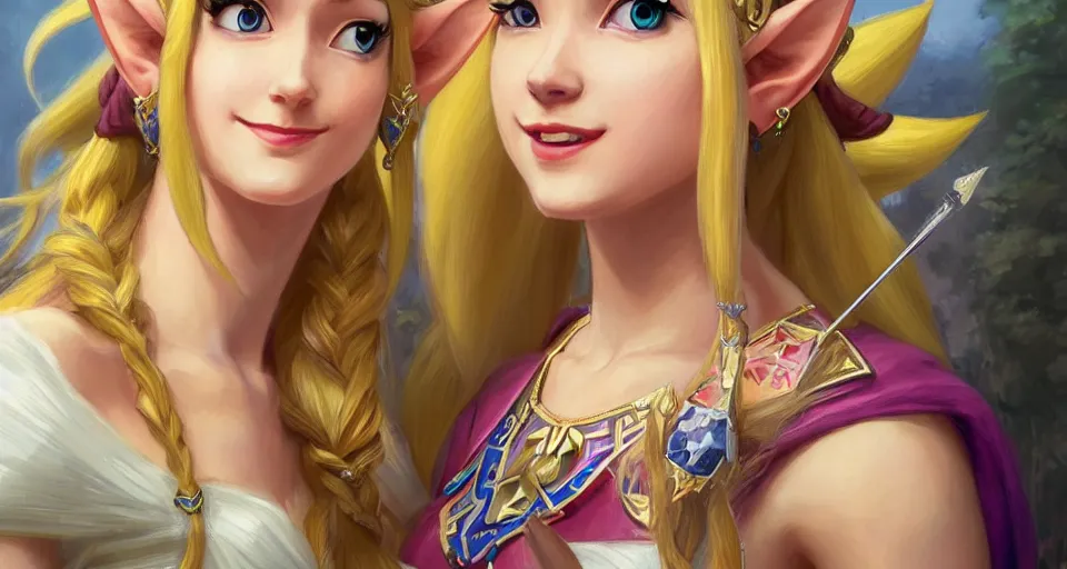 Image similar to portrait of princess zelda from hyrule and princess peach from the mushroom kingdom, nose ring, upper body, blonde hair, long hair, joyful smirk, intricate, elegant, highly detailed, digital painting, artstation, concept art, matte, sharp focus, illustration, art by artgerm and greg rutkowski and alphonse mucha