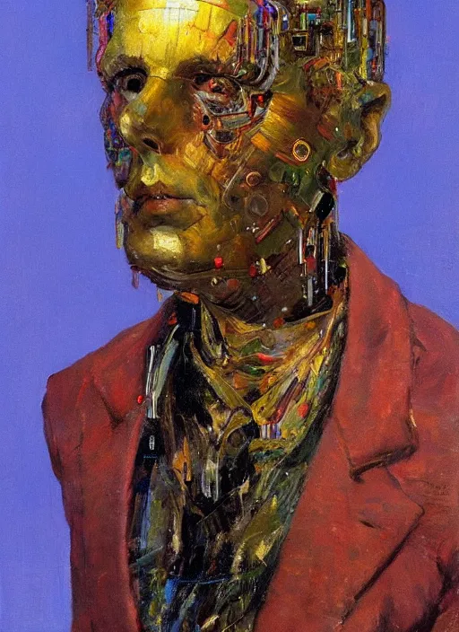 Prompt: a sculpture portrait made of material and electronic and molecules and atoms, painting part by wojciech siudmak, part by ilya repin, part by max ernst, part by norman rockwell, artstation