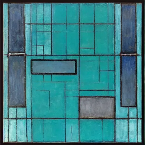 Image similar to “art deco ‘soma’, ‘caves of steel’, piet mondrian, teal palette, 1950’s”