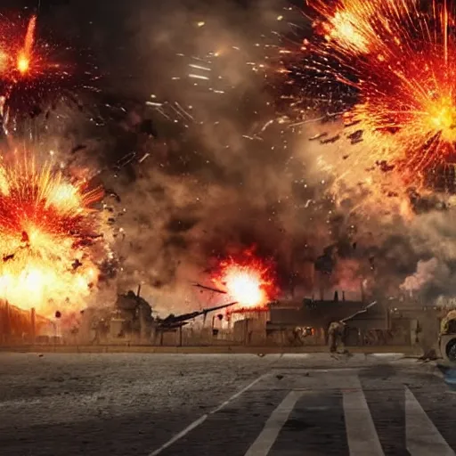 Image similar to world war 2 combat scene in city with explosions