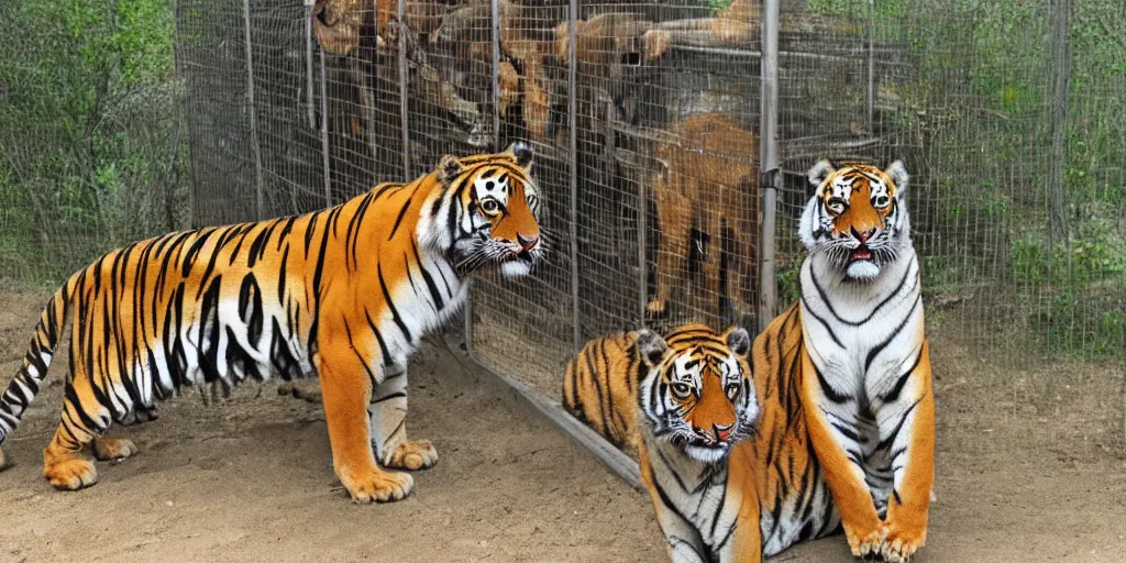 Image similar to joe exotic the tiger king standing in front of a tiger cage, tigers