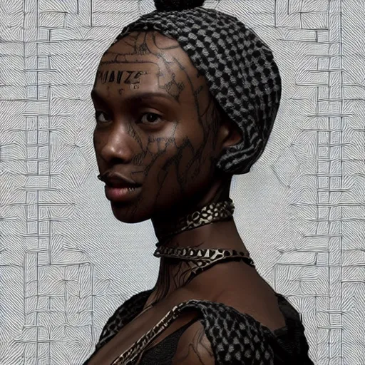 Prompt: : black human with maze pattern skin all over hyper detailed art station  dalle2 unity contest winners unrealengine trending on artstation,cinematic, hyper realism, high detail, octane render, 8k