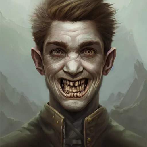 Image similar to a detailed matte head - on portrait painting of an ugly halfling man, with a large scar and missing teeth portrait by charlie bowater, lise deharme, wlop, tending on arstation, dungeons and dragon, dnd, pathfinder, fanart, oil on canvas