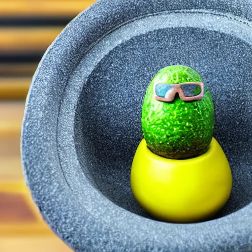 Prompt: a toy avocado wearing sunglasses at a bathtub