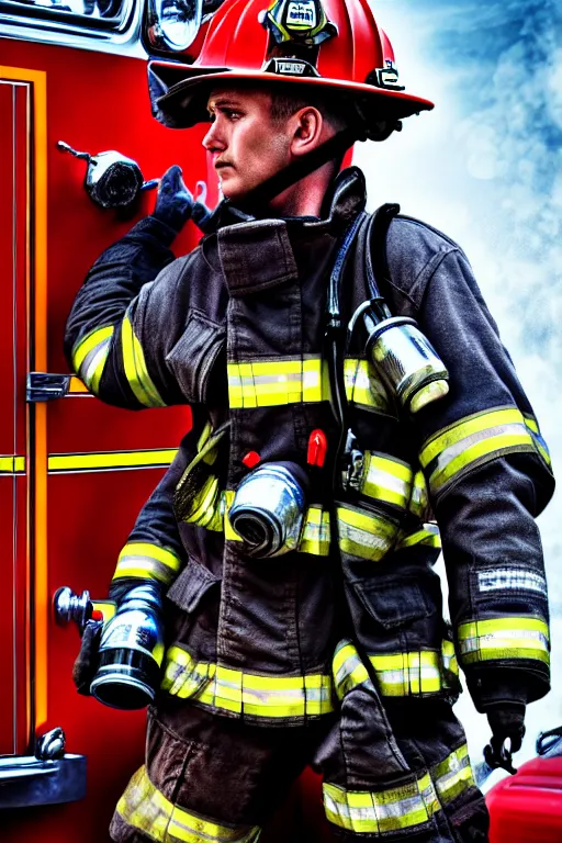 Image similar to firefighter, man, highly detailed, 4 k, hdr, smooth, sharp focus, high resolution, artgerm, photorealistic