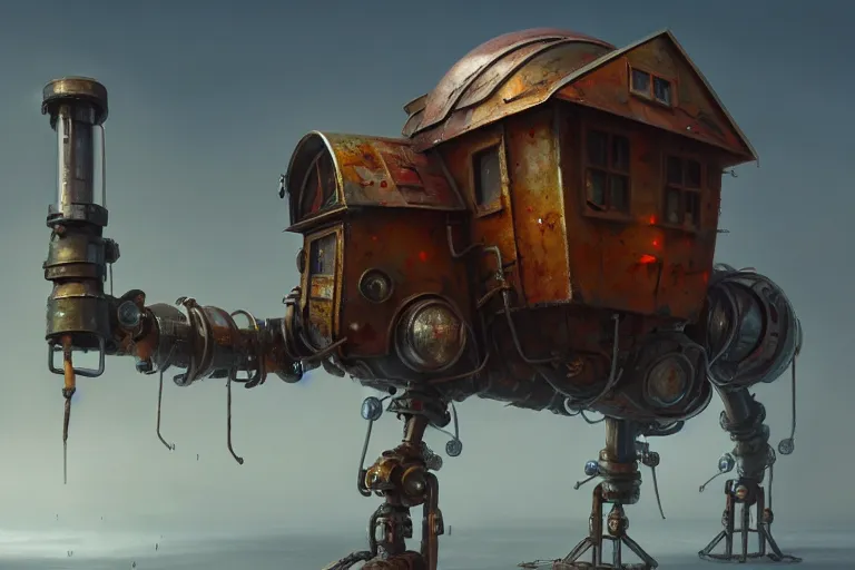 Image similar to a walking magic house with two mechanical legs, rust, hyperrealistic, highly detailed, cinematic, single ray of sun, fog, beautiful, cgssociety, artstation, 8 k, oil painting