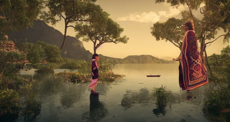 Prompt: spectacular ancient little girl with rugs standing on the edge of the beautiful lake. morning time an amazingly beautiful scene. beautiful lighting, 4 k post - processing, trending in art station, cg society, highly detailed, 5 k extremely detailed, 3 d. cinematic scene.