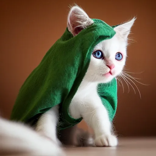 Prompt: tiny white kitten with green eyes wearing a oversized grey hoodie,