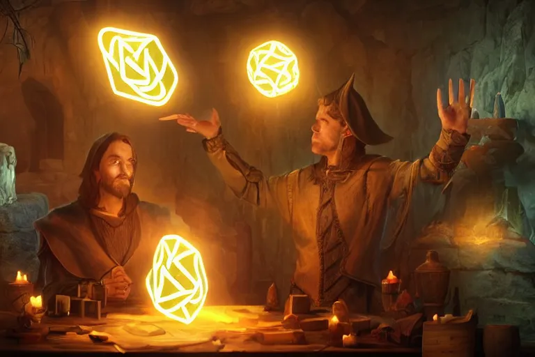 Image similar to A skilled sorcerer in their study, drawing glowing magic runic symbols in the air, enchanting objects with glyph magic, D&D fantasy setting, 4k