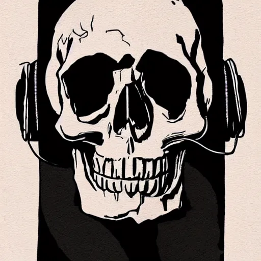 Image similar to skull with headphones and 3 roses, illustration, artwork by Mike Mignola