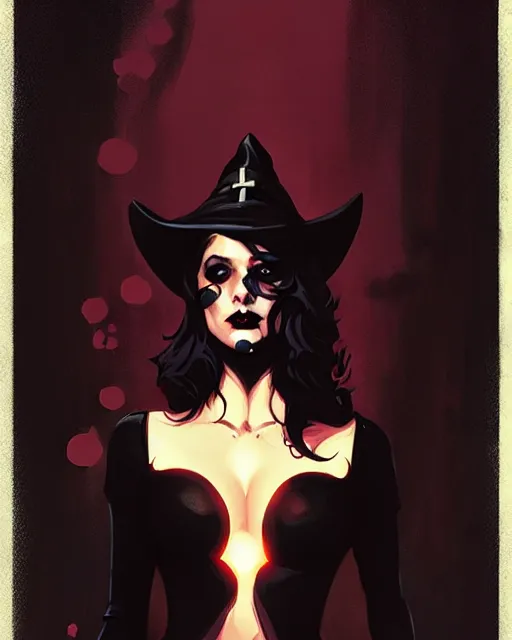 Image similar to rafael albuquerque comic art, peter mohrbacher, steve niles, artgerm, pretty mary elizabeth winstead witch, black dress, symmetrical eyes, long blonde hair