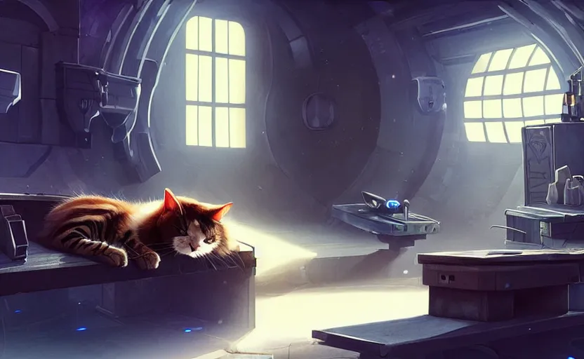 Image similar to a cat sleeping on a mechanics workbench in a spaceport, space opera and dystopian style, d & d, fantasy concept art, global illumination, interesting composition, volumetric lighting, art by enki bilial, highly detailed