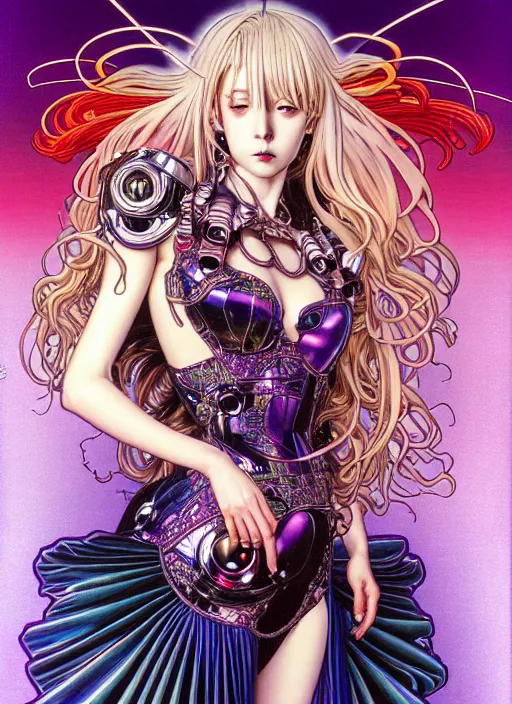 Prompt: highly detailed hajime sorayama terada katsuya artstation manga poster of witch mechine, rainbow gradient reflection bloom, long hair, armor, dress, laces, ruffles, 8 k, maximalist, ayami kojima, alphonse mucha