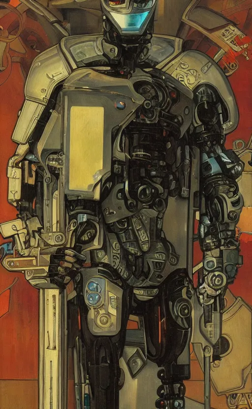 Image similar to cyberpunk robocop by mucha, oil painting