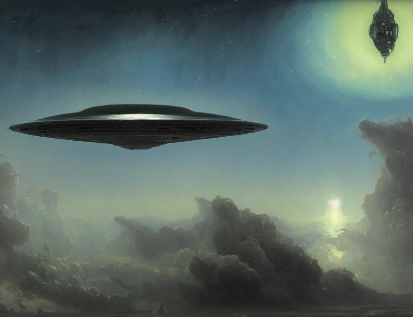 Image similar to a detailed painting of a a ufo mothership. cinematic sci - fi scene portrait and science fiction theme with lightning, aurora lighting. clouds and stars. smoke. futurism. fantasy. by beksinski carl spitzweg and tuomas korpi. baroque elements. baroque element. intricate artwork by caravaggio. oil painting. dramatic. artstation. 8 k
