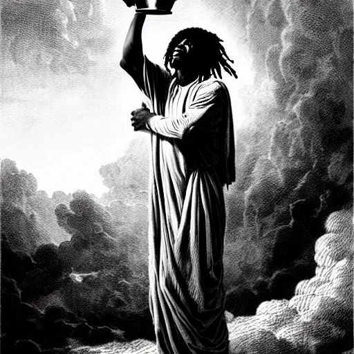 Image similar to chief keef ascending into heaven holding cup of lean and blunt, biblical image, style of gustave dore, highly detailed, beautiful, high contrast, black and white