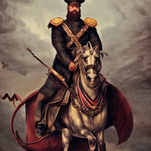 Prompt: Photo of Russian Tsar Nicholas 2 riding a dragon from game of thrones, photorealism,