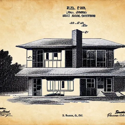 Prompt: patent drawing of house made of chainsaws