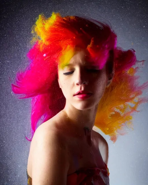 Image similar to a dramatic lighting photo of a beautiful young woman with cotton candy hair. paint splashes. with a little bit of red and yellow