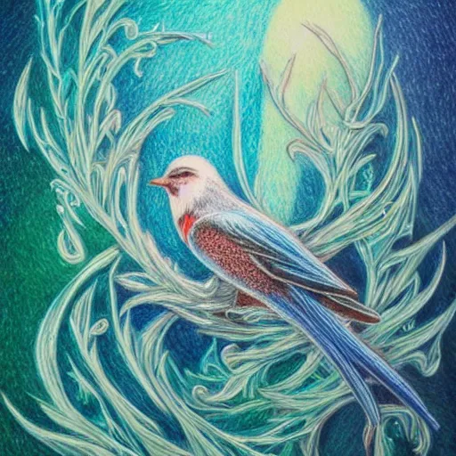 Prompt: Colored pencil art on paper, Frost Spirit Bird, highly detailed, artstation, MasterPiece, Award-Winning, Caran d'Ache Luminance