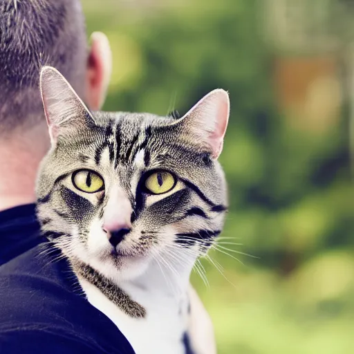 Prompt: a man with a cat sitting on his head