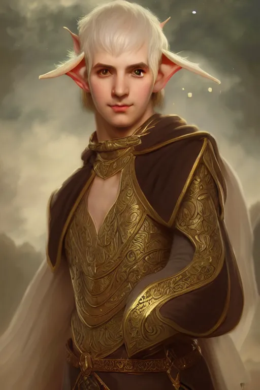 Image similar to a portrait of male Elf, illustration, soft lighting, soft details, painting oil on canvas by Edmund Blair Leighton and Charlie Bowater octane render trending on artstation d&d characters, 4k, 8k, HD