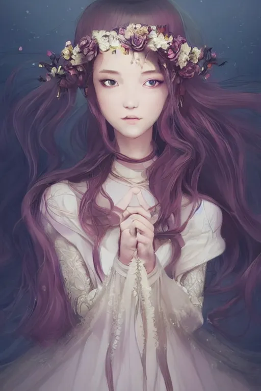 Image similar to romantic and fashion and love princess of the flower with sheath dress, 8 k realistic, teenager girl, baroque, symmetrical, flowing hair, smile, trending pinterest and pixiv, muted colors, hyperrealistic, l close up shot, character concept art, face by kyoung hwan kim, alexandra fomina, ilya kuvshinov