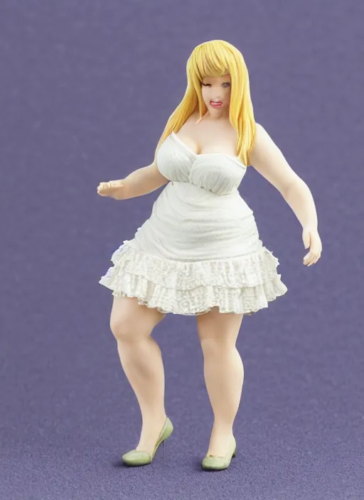 Prompt: Product Introduction Photos, 4K, Full body, 80mm resin detailed miniature of an attractive chubby mature lady in White and short lacy ruffled skirt, Blonde hair