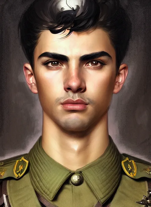 Image similar to portrait of stoic looking young soldier, military uniform, black hair, thick eyebrows, fantasy, intricate, elegant, highly detailed, centered, dark, smokey, digital painting, artstation, concept art, smooth, sharp focus, illustration, art by artgerm and greg rutkowski and alphonse mucha