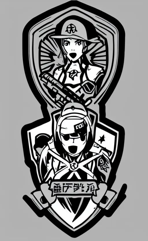 Prompt: patch design, soldier girl, 2022 anime, clean logo, insignia, soldier clothing, military gear, shirt designer, vector line art