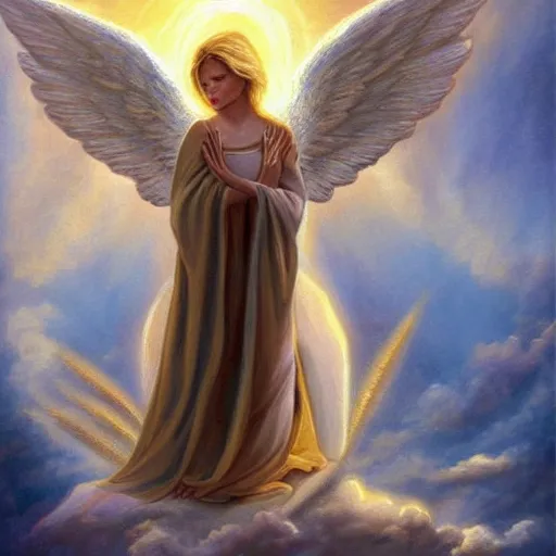 Prompt: A fantasy painting of a beautiful glowing white angel having huge horizontal wings